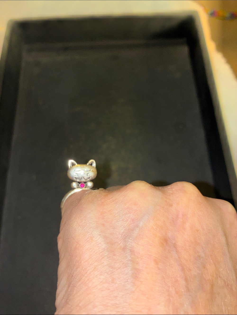 Silver Cat Stretch Ring with Pink Accent